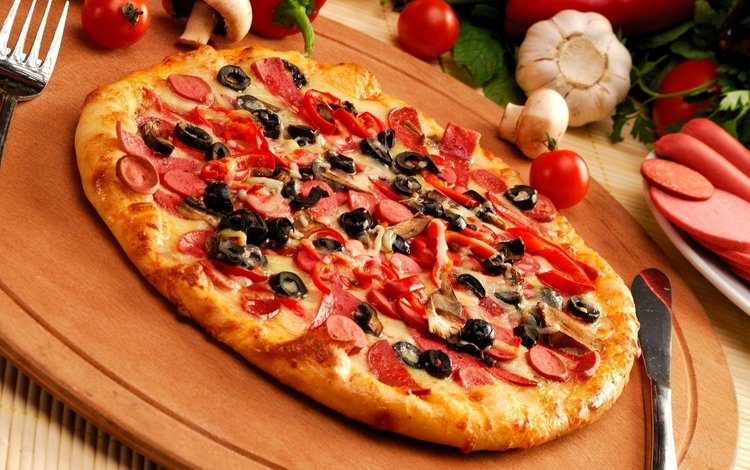 сыр, перец, пицца, маслины, колбаска, корж, чеснок, cheese, pepper, pizza, olives, sausage, the cake, garlic