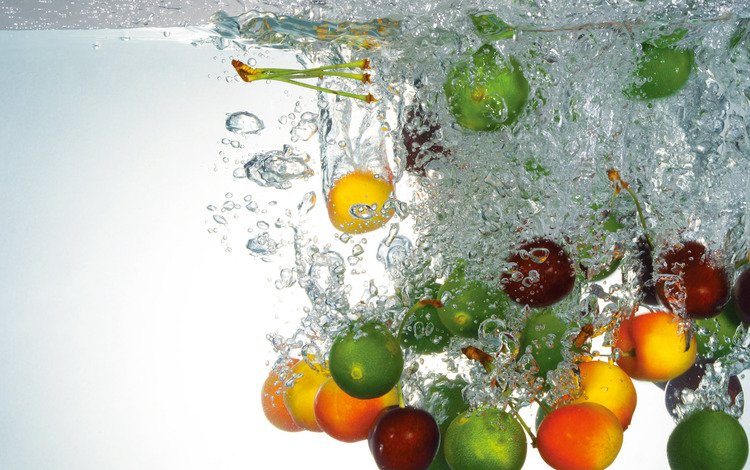 вода, фрукты, черешня, лайм, пузырьки, лимоны, абрикосы, water, fruit, cherry, lime, bubbles, lemons, apricots