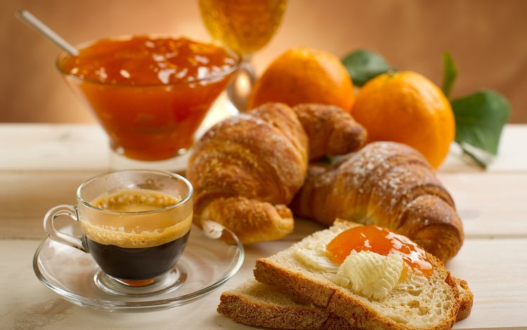 еда, кофе, джем, кружка, хлеб, чашка, тарелка, круассаны, food, coffee, jam, mug, bread, cup, plate, croissants