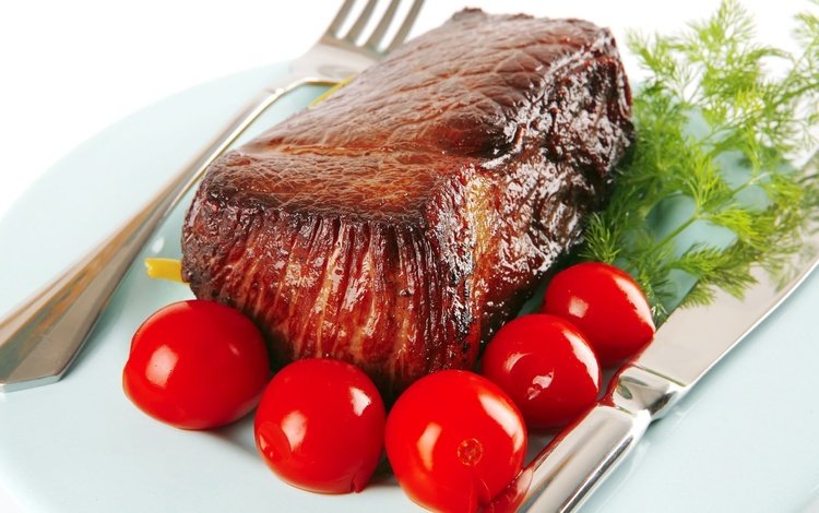 вилка, мясо, нож, тарелка, укроп, помидоры, plug, meat, knife, plate, dill, tomatoes