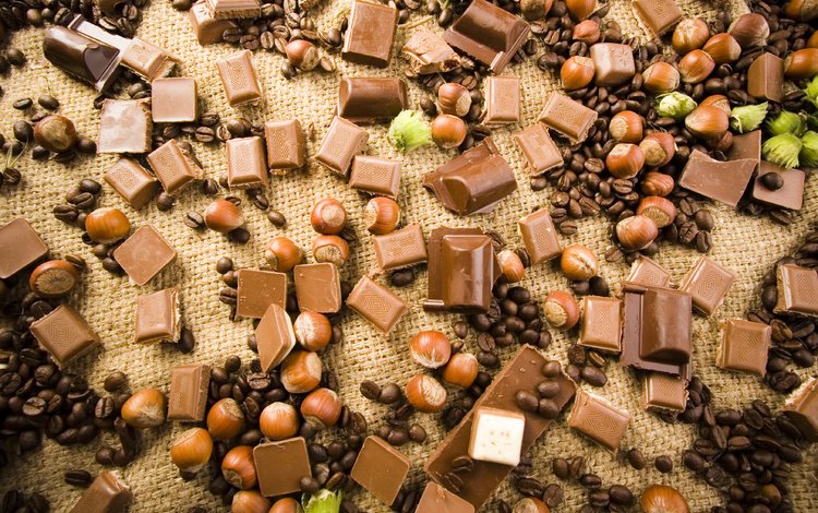 шоколад, кофейные зерна, лесные орехи, chocolate, coffee beans, hazelnuts