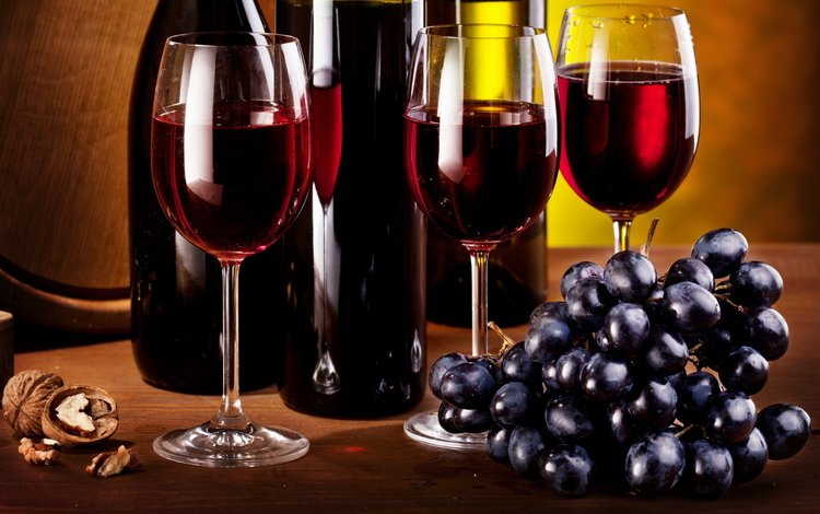 виноград, вино, бокалы, бутылки, кисть, орех, гроздь, grapes, wine, glasses, bottle, brush, walnut, bunch