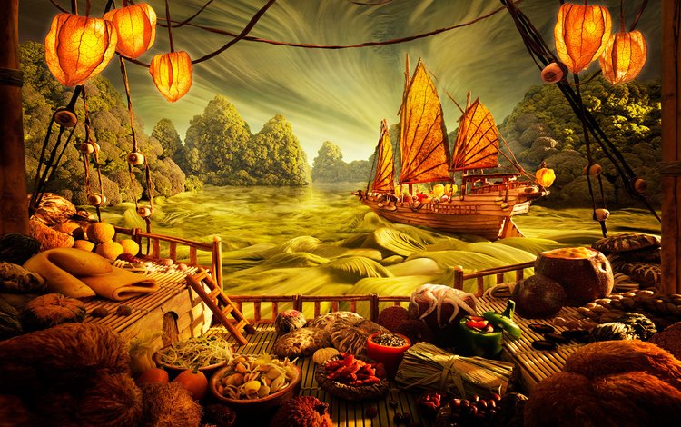 картина, корабль, еда, фантазия, япония, кухня, карл уорнер, picture, ship, food, fantasy, japan, kitchen