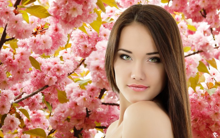 цветы, дерево, девушка, брюнетка, весна, розовый, сакура, красивая, flowers, tree, girl, brunette, spring, pink, sakura, beautiful