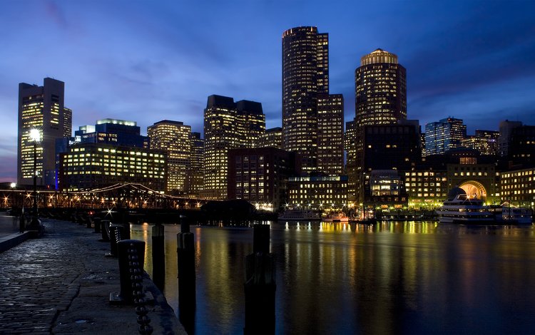река, небоскребы, ночной город, сша, бостон, городской пейзаж, штат массачусетс, river, skyscrapers, night city, usa, boston, the urban landscape, massachusetts
