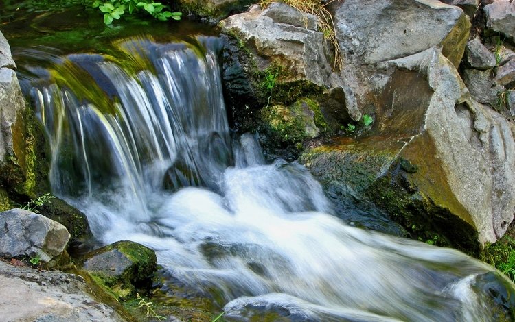 камни, ручей, водопад, поток, мох, течение, stones, stream, waterfall, moss, for