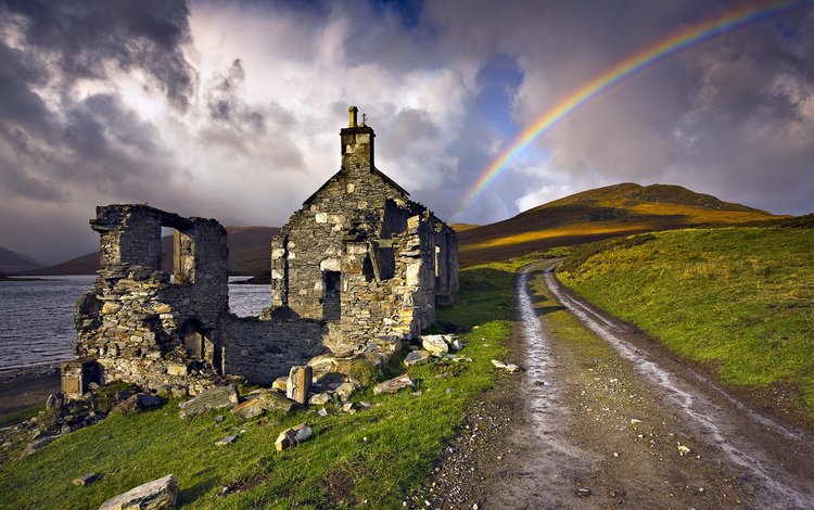 дорога, природа, радуга, руины, шотландия, road, nature, rainbow, ruins, scotland