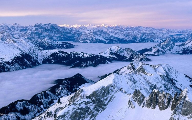 горы, снег, туман, швейцария, вершины, mountains, snow, fog, switzerland, tops