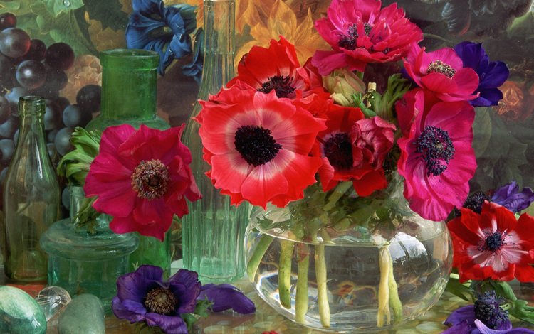 цветы, картина, маки, букет, ваза, бутылки, натюрморт, flowers, picture, maki, bouquet, vase, bottle, still life