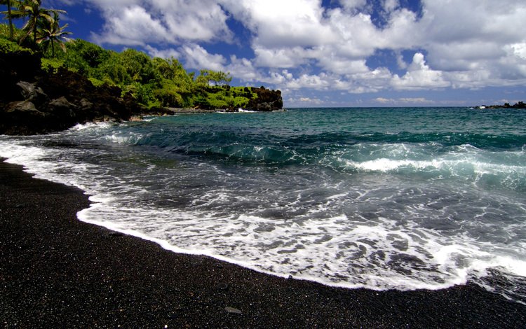 небо, паналуу, облака, волны, море, пляж, горизонт, гавайи, чёрный песок, the sky, clouds, wave, sea, beach, horizon, hawaii, black sand