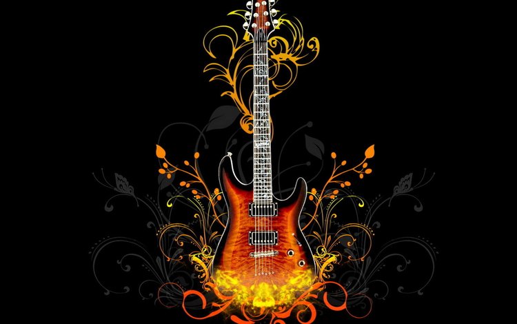 арт, гитара, музыка, графика, струны, черный фон, art, guitar, music, graphics, strings, black background