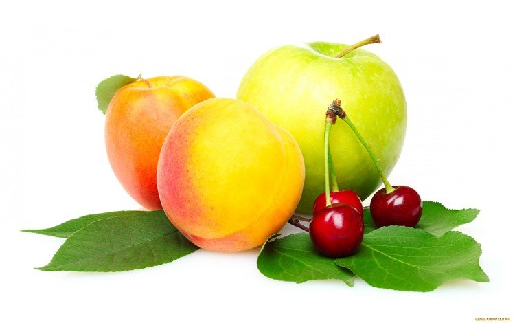 фрукты, черешня, белый фон, яблоко, персики, листики, fruit, cherry, white background, apple, peaches, leaves