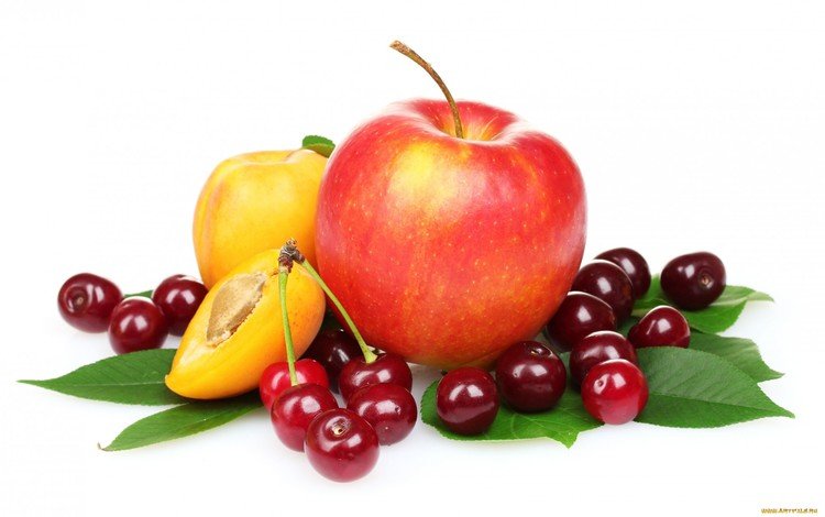 фрукты, абрикос, ягоды, белый фон, вишня, яблоко, листики, fruit, apricot, berries, white background, cherry, apple, leaves