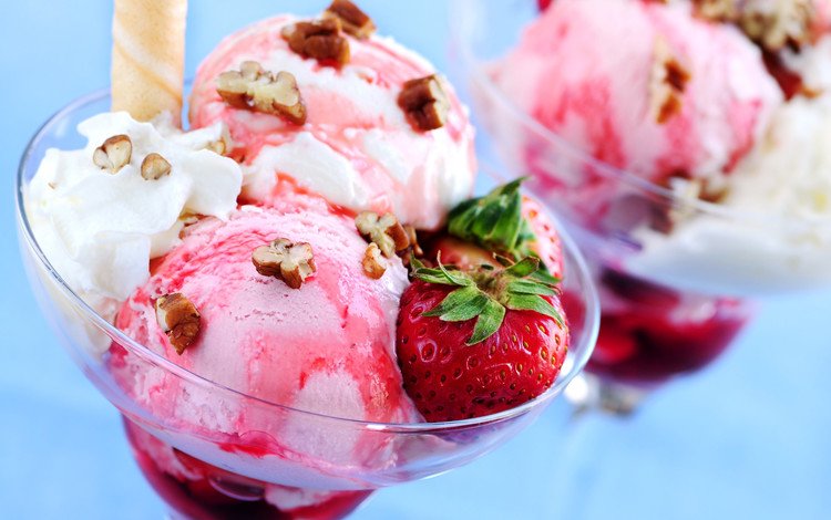 орехи, мороженое, клубника, сладкое, десерт, nuts, ice cream, strawberry, sweet, dessert