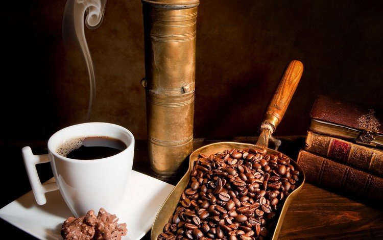 напиток, зерна, кофе, книги, чашка, кофейные зерна, аромат, лопатка, drink, grain, coffee, books, cup, coffee beans, aroma, blade