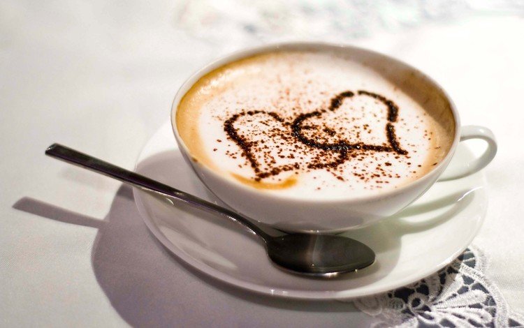 кофе, стол, чашка, сердечки, ложка, скатерть, капучино, coffee, table, cup, hearts, spoon, tablecloth, cappuccino