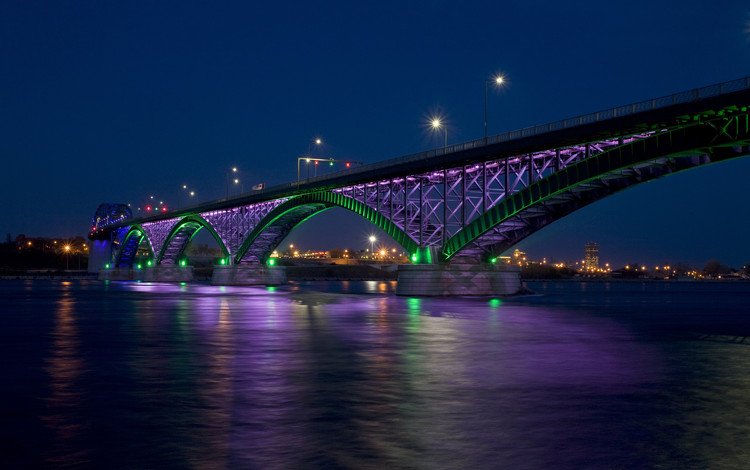 ночь, огни, мост, город, залив, канада, пис-бридж, night, lights, bridge, the city, bay, canada, peace bridge