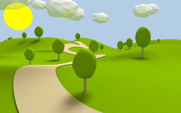 трава, облака, деревья, вектор, пейзаж, тропинка, картинка, солнышко, grass, clouds, trees, vector, landscape, path, picture, the sun