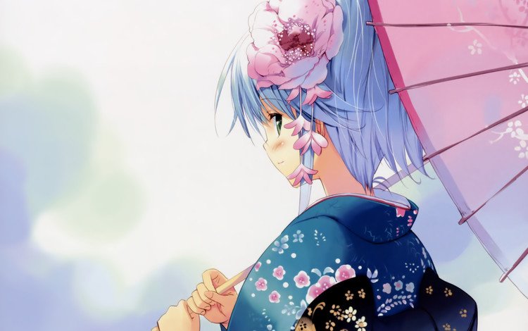 девушка, цветок, взгляд, аниме, зонтик, юката, girl, flower, look, anime, umbrella, yukata