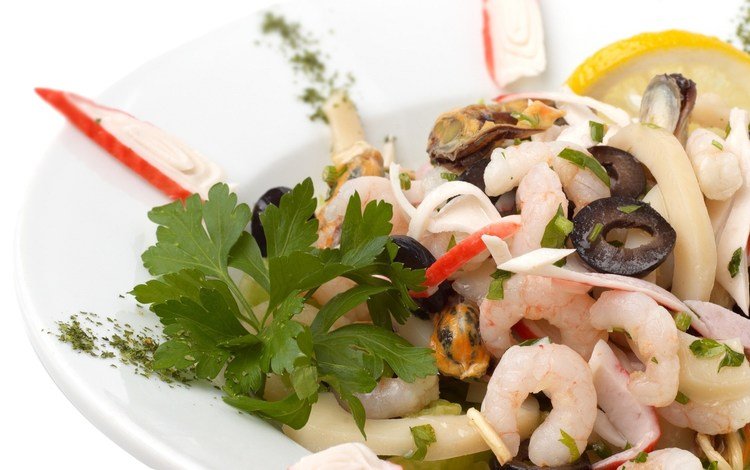 зелень, морепродуктов, оливки, из, салат, морепродукты, креветки, мидии, кальмары, greens, olives, from, salad, seafood, shrimp, mussels, squid