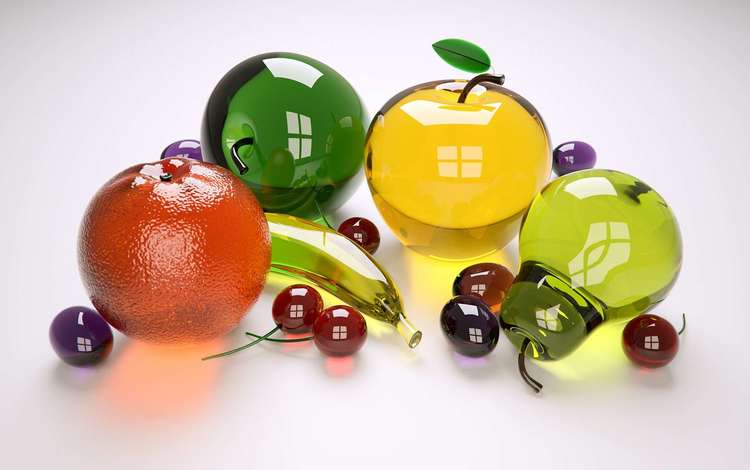 фрукты, 3д, яблоки, 3d графика, черешня, апельсин, стекло, банан, сливы, груша, fruit, 3d, apples, 3d graphics, cherry, orange, glass, banana, plum, pear