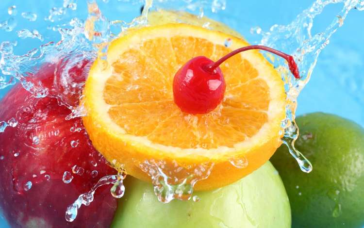 вода, фрукты, брызги, вишня, апельсин, яблоко, water, fruit, squirt, cherry, orange, apple