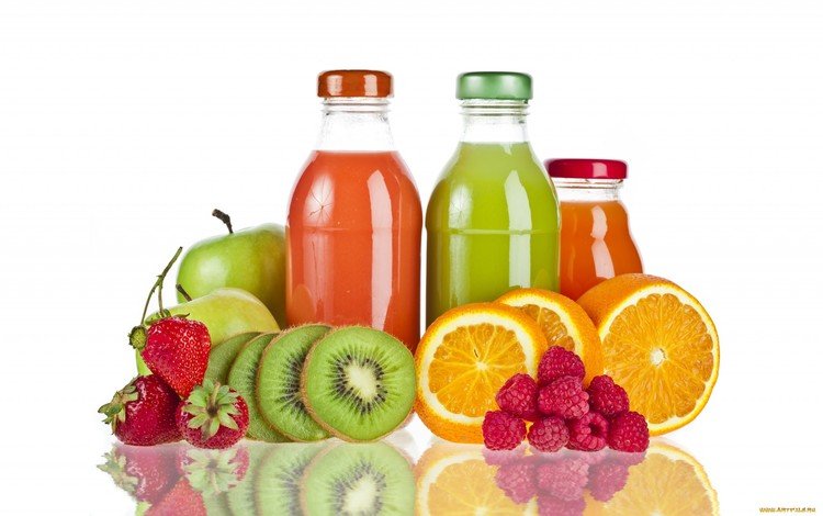 отражение, бутылочки, малина, натуральный сок, фрукты, апельсины, клубника, белый фон, киви, соки, reflection, bottle, raspberry, natural juice, fruit, oranges, strawberry, white background, kiwi, juices