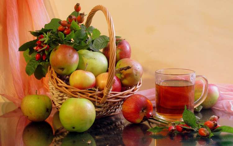 фрукты, яблоки, шиповник, ягоды, чай, натюрморт, fruit, apples, briar, berries, tea, still life