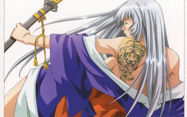 меч, тату, катана, белая, оружее, длинные волосы, japanese clothes, ikkitousen, chouun shiryuu, gray hair, sword, tattoo, katana, white, weapon, long hair
