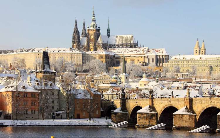 зима, мост, прага, чехия, старый город, winter, bridge, prague, czech republic, old town
