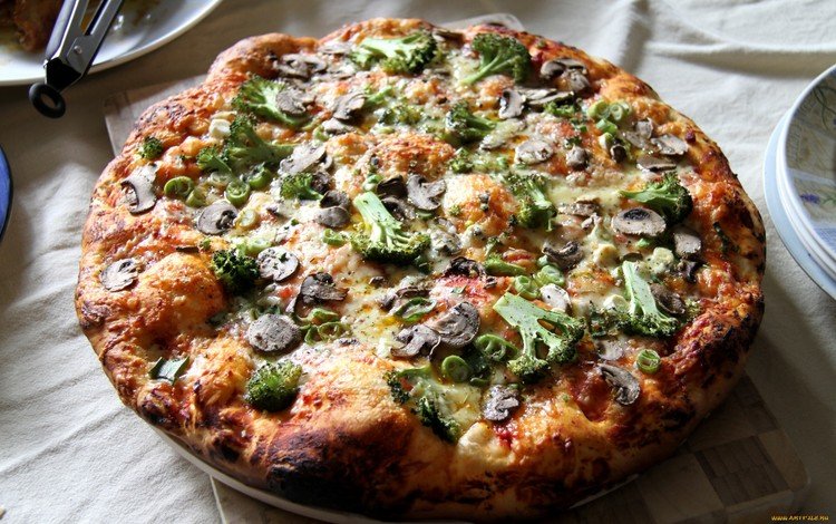 грибы, пицца, брокколи, итальянская кухня, лепешка, mushrooms, pizza, broccoli, italian cuisine, pellet