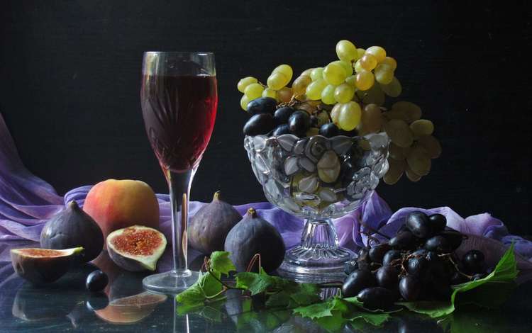 виноград, инжир, фрукты, бокал, вино, ваза, персик, натюрморт, красное вино, grapes, figs, fruit, glass, wine, vase, peach, still life, red wine