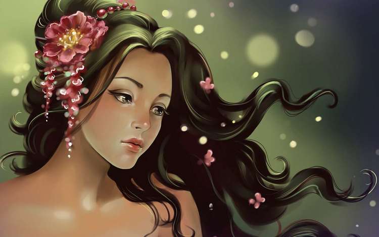 цветы, девушка, волосы, ветер, flowers, girl, hair, the wind