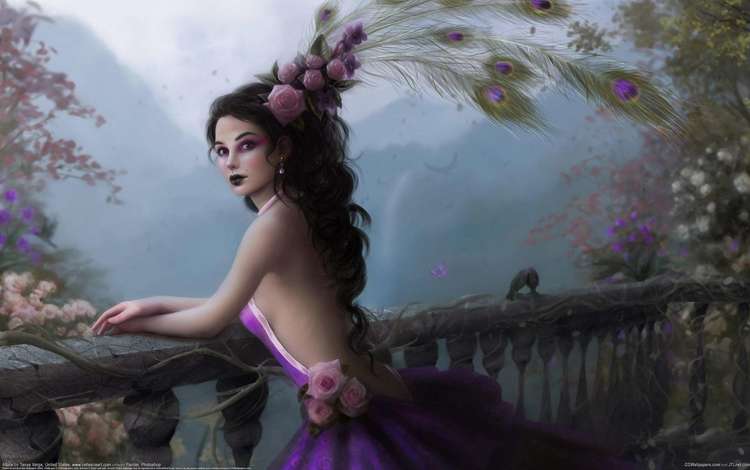 tanya varga - violet, цветы, арт, девушка, розы, перила, перья, балкон, прическа, flowers, art, girl, roses, railings, feathers, balcony, hairstyle