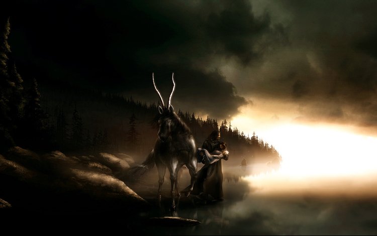 мрак, тучи, девушка, мужик, рога, конь, the darkness, clouds, girl, man, horns, horse