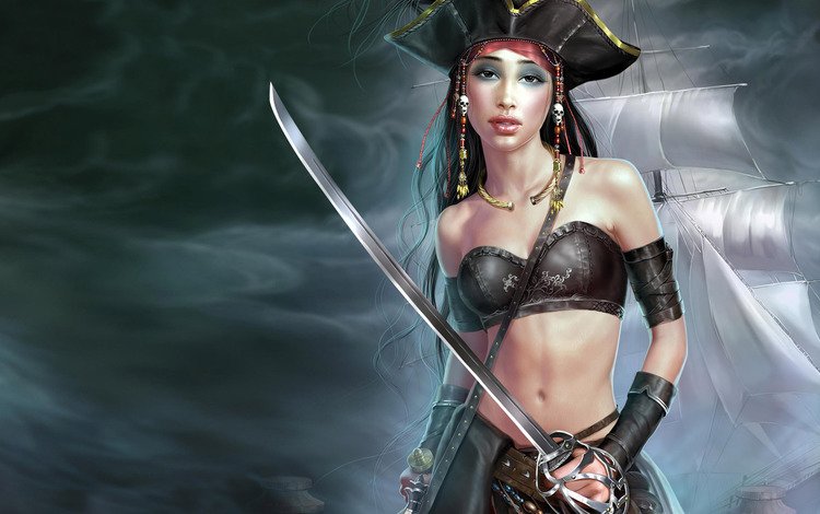 арт, tang yuehui - female pirates, треуголка, девушка, море, оружие, меч, корабль, пират, сабля, art, cocked hat, girl, sea, weapons, sword, ship, pirate, saber