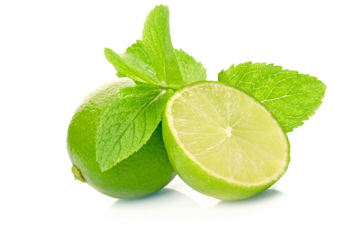 зелёный, фрукты, листочки, белый фон, лайм, цитрус, дольки, green, fruit, leaves, white background, lime, citrus, slices
