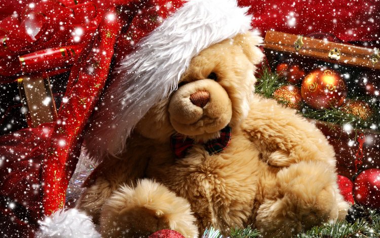 плюшевый медведь, снег, новый год, шары, украшения, мишка, шишка, подарок, ветка елки, teddy bear, snow, new year, balls, decoration, bear, bump, gift, christmas tree branch