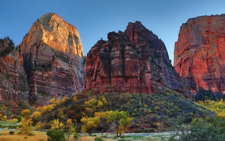 небо, деревья, горы, скалы, природа, кусты, осень, сша, the sky, trees, mountains, rocks, nature, the bushes, autumn, usa