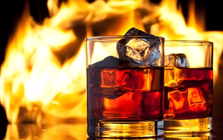 напиток, огонь, лёд, бокалы, алкоголь, виски, drink, fire, ice, glasses, alcohol, whiskey