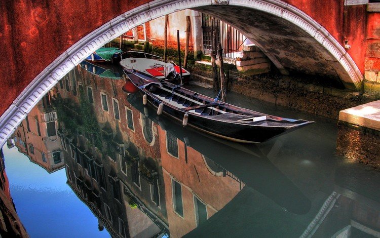 река, отражение, мост, лодка, арка, гондолы, river, reflection, bridge, boat, arch, gondola