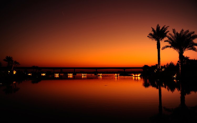 закат, город, пальмы, дубай, sunset, the city, palm trees, dubai