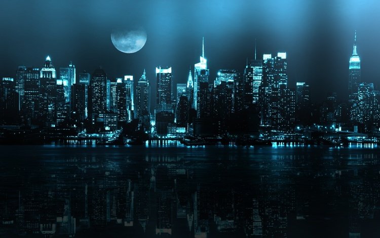 ночь, огни, вода, город, луна, мегаполис, ночной город, дождь, night, lights, water, the city, the moon, megapolis, night city, rain