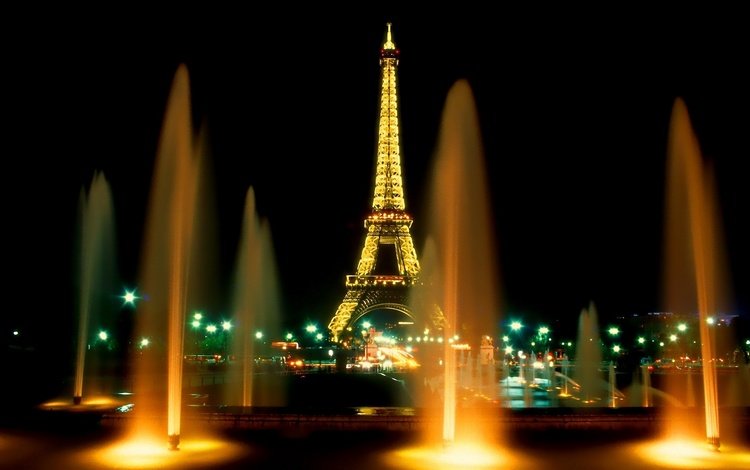 ночь, огни, париж, фонтан, эйфелева башня, night, lights, paris, fountain, eiffel tower