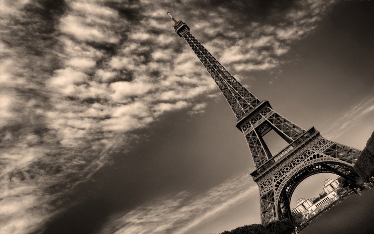 небо, облака, черно-белая, париж, эйфелева башня, the sky, clouds, black and white, paris, eiffel tower
