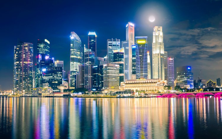 ночь, огни, отражения, небоскребы, сингапур, night, lights, reflection, skyscrapers, singapore