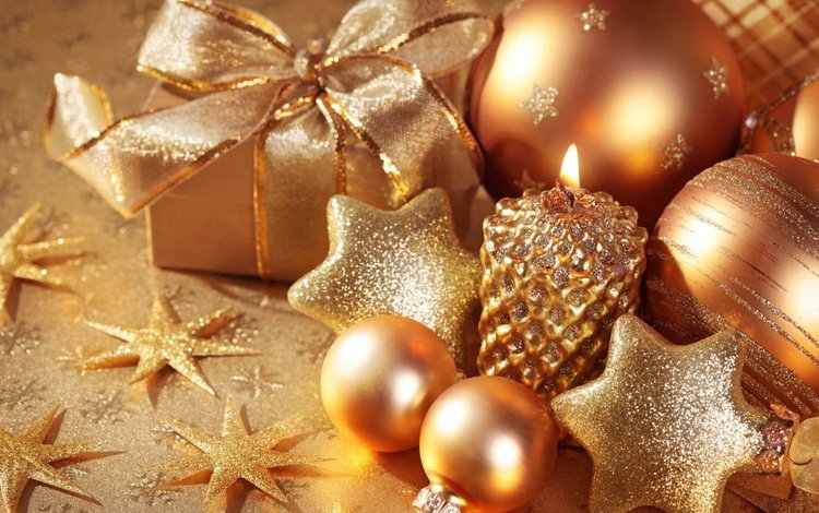 новый год, рождество, шары, золотой, украшения, звезды, подарки, шарики, блеск, свеча, праздник, holiday, new year, christmas, balls, gold, decoration, stars, gifts, shine, candle