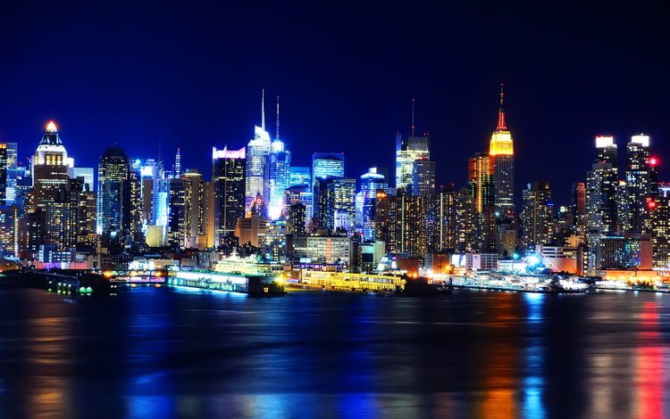 ночь, огни, америка, залив, сша, нью-йорк, night, lights, america, bay, usa, new york
