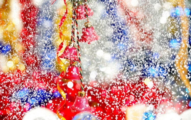 снег, новый год, украшения, зима, снежинки, лента, колокольчики, праздник, snow, new year, decoration, winter, snowflakes, tape, bells, holiday