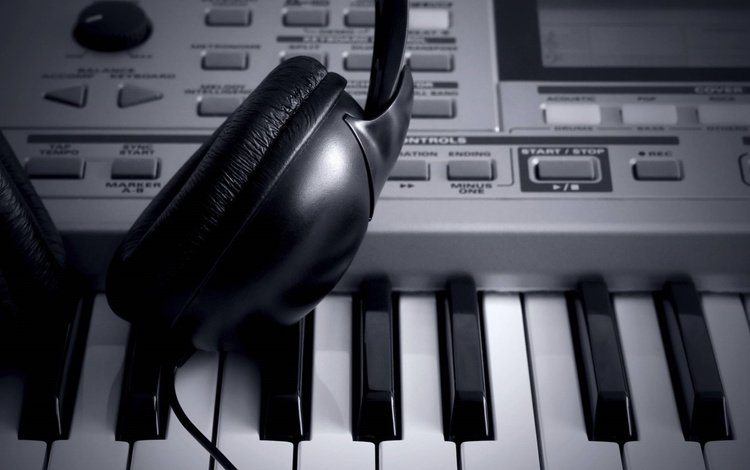 синтезатор, чёрно-белое, наушники, клавиши, synth, black and white, headphones, keys